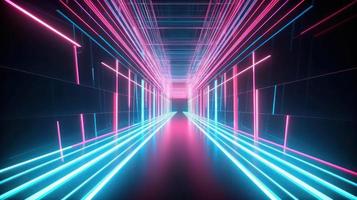 Abstract neon lights tunel background with pink and blue laser rays glowing lines 3d render. photo