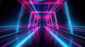 Abstract neon lights tunel background with pink and blue laser rays glowing lines 3d render. photo