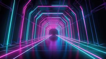 Abstract neon lights tunel background with pink and blue laser rays glowing lines 3d render. photo