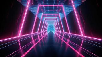Abstract neon lights tunel background with pink and blue laser rays glowing lines 3d render. photo