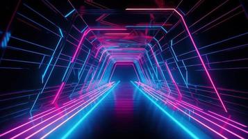 Abstract neon lights tunel background with pink and blue laser rays glowing lines 3d render. photo