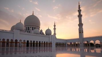 abu dhabi, eau, jeque zayed grandioso mezquita en el abu dhabi, unido árabe emiratos en un puesta de sol ver antecedentes. foto