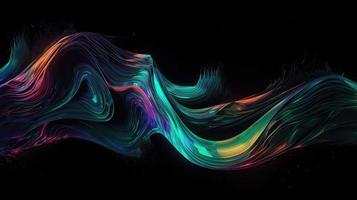 Abstract fluid 3d render holographic iridescent neon curved wave in motion dark background. photo