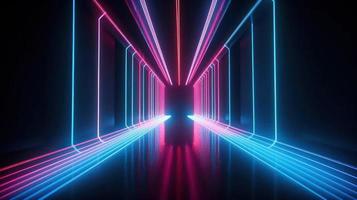 Abstract neon lights tunel background with pink and blue laser rays glowing lines 3d render. photo