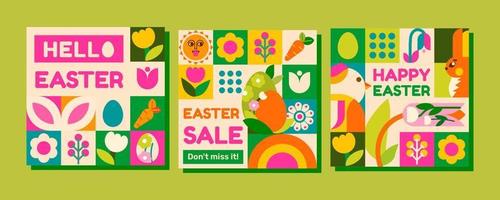 3 templates in mosaic style for a happy Easter day. Bright, spring design with rabbits, flowers, Easter eggs and many elements that create a festive mood and the arrival of a warm spring vector