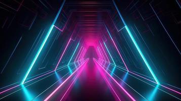 Abstract neon lights tunel background with pink and blue laser rays glowing lines 3d render. photo