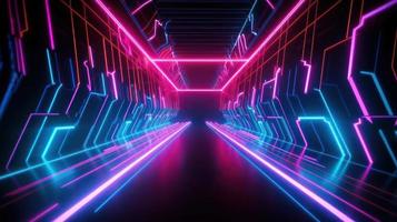 Abstract neon lights tunel background with pink and blue laser rays glowing lines 3d render. photo