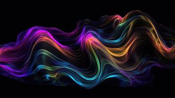 Abstract fluid 3d render holographic iridescent neon curved wave in motion dark background. photo