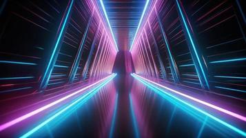 Abstract neon lights tunel background with pink and blue laser rays glowing lines 3d render. photo