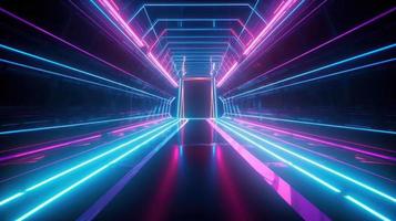 Abstract neon lights tunel background with pink and blue laser rays glowing lines 3d render. photo