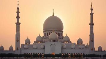 abu dhabi, eau, jeque zayed grandioso mezquita en el abu dhabi, unido árabe emiratos en un puesta de sol ver antecedentes. foto