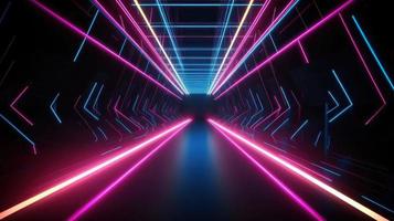 Abstract neon lights tunel background with pink and blue laser rays glowing lines 3d render. photo