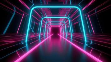 Abstract neon lights tunel background with pink and blue laser rays glowing lines 3d render. photo