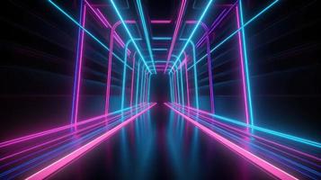 Abstract neon lights tunel background with pink and blue laser rays glowing lines 3d render. photo