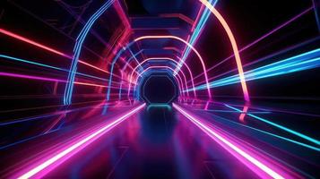 Abstract neon lights tunel background with pink and blue laser rays glowing lines 3d render. photo