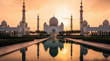 abu dhabi, eau, jeque zayed grandioso mezquita en el abu dhabi, unido árabe emiratos en un puesta de sol ver antecedentes. foto