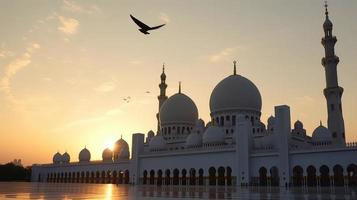 abu dhabi, eau, jeque zayed grandioso mezquita en el abu dhabi, unido árabe emiratos en un puesta de sol ver antecedentes. foto