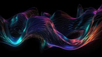 Abstract fluid 3d render holographic iridescent neon curved wave in motion dark background. photo