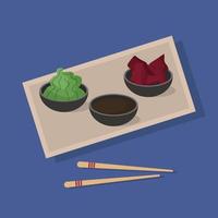 Illustration of Asian food. Soy sauce, ginger and wasabi for sushi vector