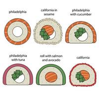 conjunto de diferente tipos de Sushi con nombres ilustración con asiático comida íconos vector