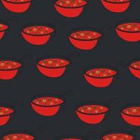 Seamless pattern with Asian soup. Illustration of tom yam with shrimps in red and black colors vector