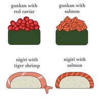 Set of different types of guncan and nigiri with names. Illustration with Asian food icons vector