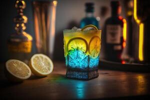 A glass of cocktail with glowing light background. Created photo