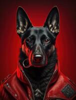 retrato de malo perros vistiendo chaqueta en rojo antecedentes. creado generativo ai foto