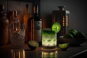 A glass of cocktail with glowing light background. Created photo