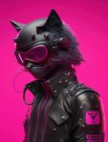 Portrait of Cat wearing black jacket on pink background. Created Generative Ai photo