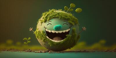 alegre tierra personaje riendo en verde fondo, contento tierra día, mundo la risa día. generativo ai foto