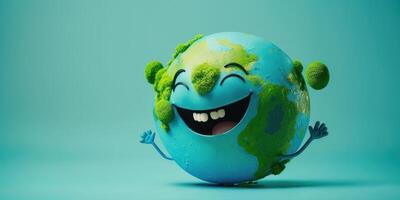 Joyful Earth character laughting on blue background, Happy Earth day, World laughter day. photo