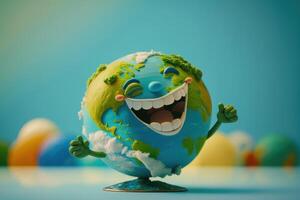 Joyful Earth character laughting on blue background, Happy Earth day, World laughter day. photo