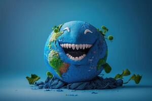 Joyful Earth character laughting on blue background, Happy Earth day, World laughter day. photo