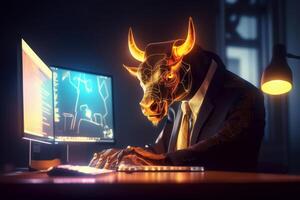 Bull trading with computer with graph on screen, Bullish in Stock market and Crypto currency. Created photo