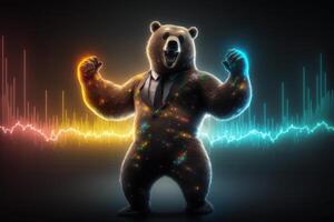 Bear dancing and celebrating with colorful graph background, Bearish in Stock market and Crypto currency. Created photo