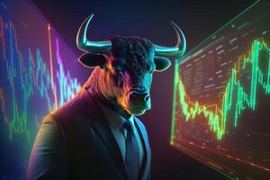 Bull wearing suit working with graph on screen, Bullish in Stock market and Crypto currency. Created photo