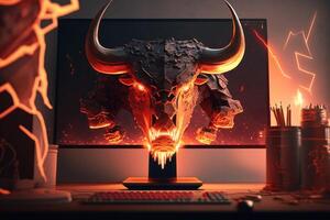 Fire sculpture of angry bull head in front of computer screen, Bullish divergence in Stock market and Crypto currency. Created photo