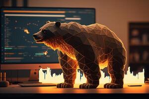 Fire sculpture of bear in front of computer screen, Bearish divergence in Stock market and Crypto currency. Created photo