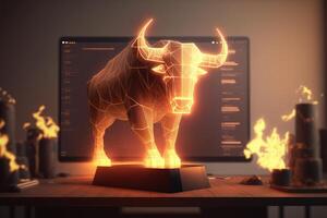 Fire sculpture of bull in front of computer screen, Bullish divergence in Stock market and Crypto currency. Created photo