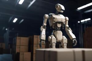 Smart Robotic observes and check in warehouse, Distribution logistics center concept. Created photo