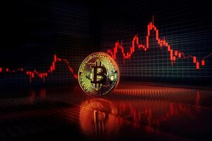 Bitcoin with red graph on computer screen background, Crypto currency trading. photo