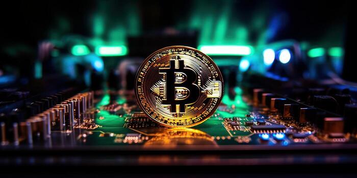 Golden bitcoin with computer circuit background, Crypto currency investment concept. photo