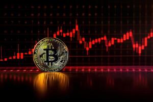 Bitcoin with red graph on computer screen background, Crypto currency trading. photo