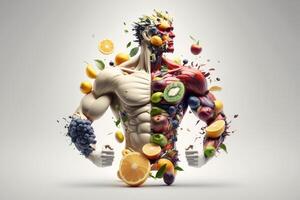 frutas formando un fuerte cuerpo, hombre posando muscular cuerpo constructor, comiendo dieta comida para digestión. generativo ai foto
