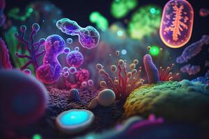 Bacteria cells under microscope background, Bacteria disease epidemic. photo
