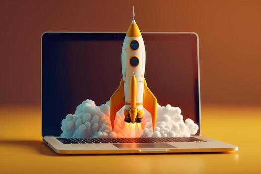 Rocket launching out from laptop on yellow background, Business startup concept. Created photo