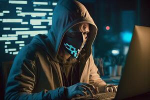 Hooded Hacker with mask using Laptop Break or Attack into Data server. Hacking, Coding or Malware concept. photo