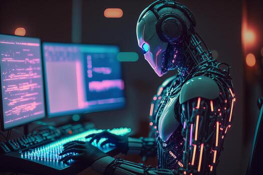 Ai Robot working with computer. Futuristic Humanoid worker. photo