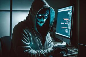 encapuchado hacker con máscara utilizando ordenador portátil descanso o ataque dentro datos servidor. hackear, codificación o malware concepto. generativo ai foto